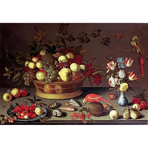 A Basket of Grapes and Other Fruit White Modern Wood Framed Art Print by Van Der Ast, Balthasar