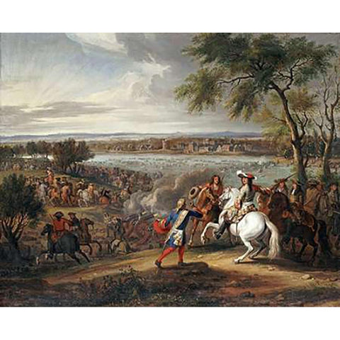 King Louis XIV of France Crossing The Rhine White Modern Wood Framed Art Print by Van Der Meullen, Adam Frans