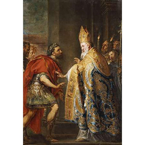 The Emporer Theodosius Before Saint Ambrose Black Modern Wood Framed Art Print with Double Matting by Van Diepenbeck, Abraham