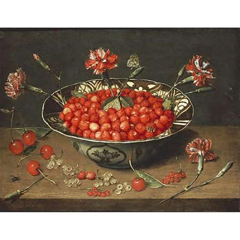 Strawberries In a Bowl Black Modern Wood Framed Art Print with Double Matting by Van Hulsdonck, Jacob