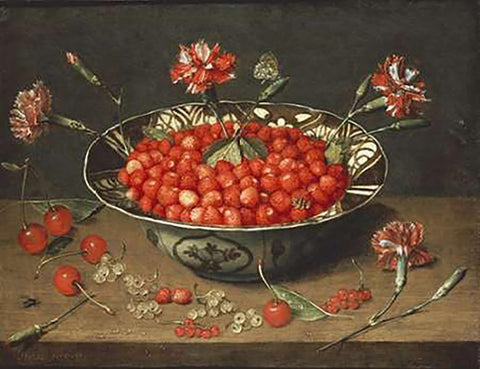 Strawberries In a Bowl White Modern Wood Framed Art Print with Double Matting by Van Hulsdonck, Jacob