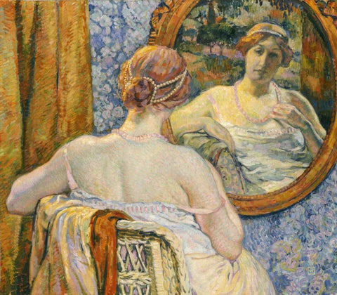Woman In a Mirror White Modern Wood Framed Art Print with Double Matting by Van Rysselberghe, Theo