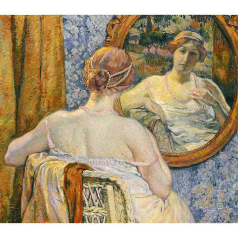 Woman In a Mirror White Modern Wood Framed Art Print by Van Rysselberghe, Theo