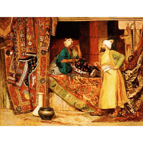 Carpet Seller Black Modern Wood Framed Art Print by Vibert, Jean Georges