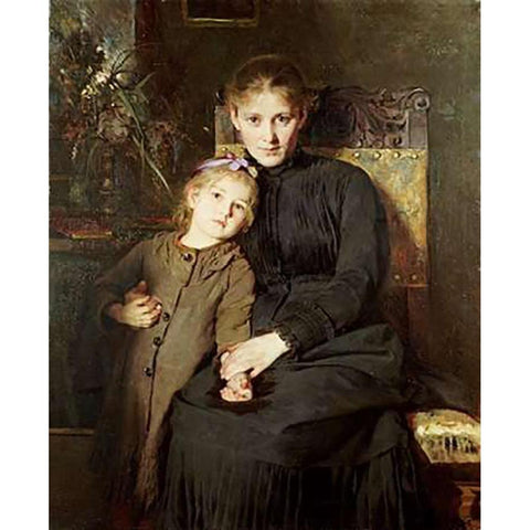 A Mother and Daughter In An Interior Gold Ornate Wood Framed Art Print with Double Matting by Wegmann, Bertha