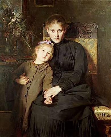 A Mother and Daughter In An Interior Black Ornate Wood Framed Art Print with Double Matting by Wegmann, Bertha