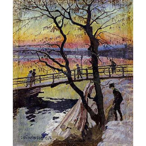 The Footbridge, Lidingobron White Modern Wood Framed Art Print by Wilhelmson, Carl Wilhelm