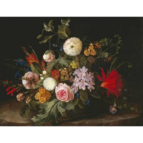 A Basket With Flowers Black Modern Wood Framed Art Print by Wittusen, Laura Margarethen