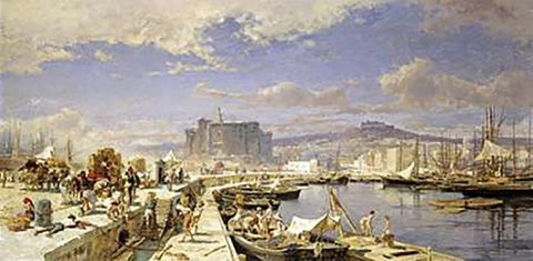 The Harbour of Naples White Modern Wood Framed Art Print with Double Matting by Aerni, Franz Theodor