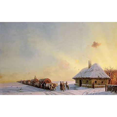 Ukranian Oxcart Drivers In Winter Black Modern Wood Framed Art Print with Double Matting by Aivasowsky, Ivan Konstantinovich