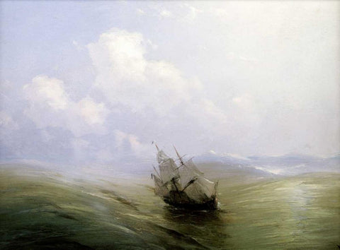A Sailing Boat In a Heavy Swell White Modern Wood Framed Art Print with Double Matting by Aivasowsky, Ivan Konstantinovich