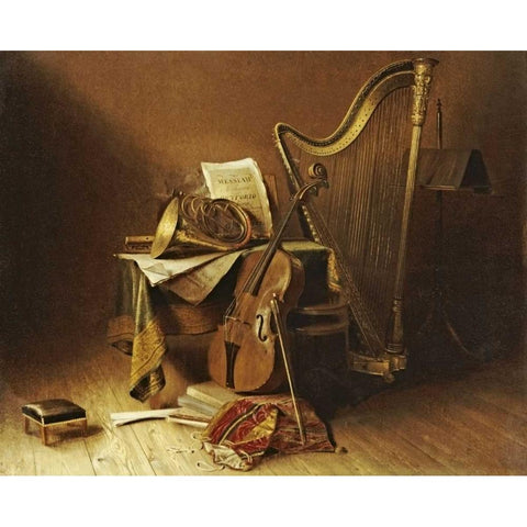 Still Life With Musical Instruments White Modern Wood Framed Art Print by American School