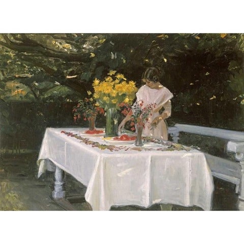 Preparing The Table Black Modern Wood Framed Art Print with Double Matting by Ancher, Michael