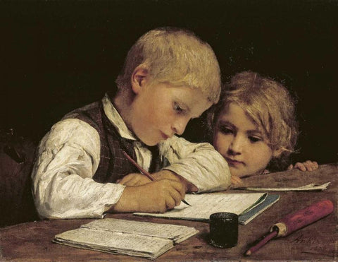 A Boy Writing Black Ornate Wood Framed Art Print with Double Matting by Anker, Albert