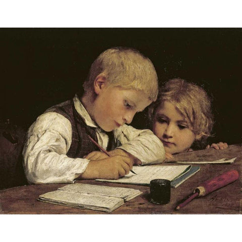 A Boy Writing Black Modern Wood Framed Art Print with Double Matting by Anker, Albert