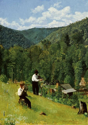 The Farmer and His Son at Harvesting White Modern Wood Framed Art Print with Double Matting by Anshutz, Thomas Pollock