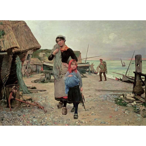 Fisherfolk Returning With Their Nets Gold Ornate Wood Framed Art Print with Double Matting by Bacon, Henry