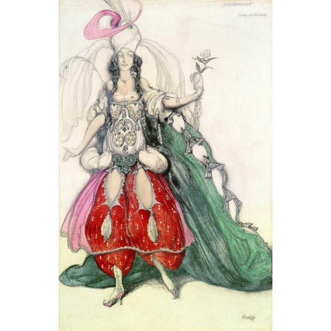 Costume Design For Scheherazade Gold Ornate Wood Framed Art Print with Double Matting by Bakst, Leon