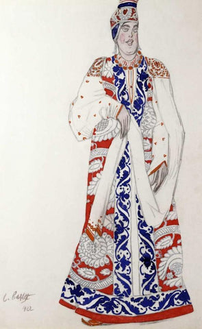 Costume Design For The Production Moskwa White Modern Wood Framed Art Print with Double Matting by Bakst, Leon