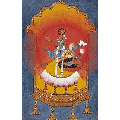 Vishnu and Lakshmi Enthroned Black Modern Wood Framed Art Print with Double Matting by Basohli School