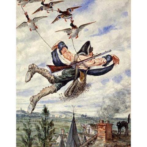 Illustrations For The Adventures of Baron Munchausen White Modern Wood Framed Art Print by Bichard, Alphonse Adolf
