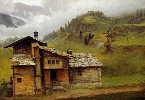Mountain House White Modern Wood Framed Art Print with Double Matting by Bierstadt, Albert