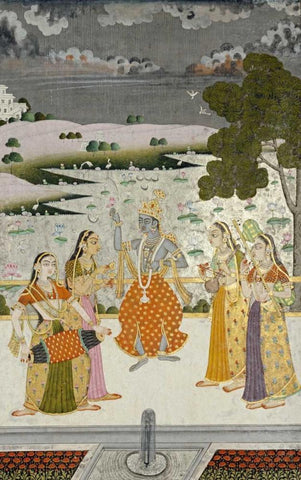 Krishna With The Gopis White Modern Wood Framed Art Print with Double Matting by Bikaner, Ustad Murad