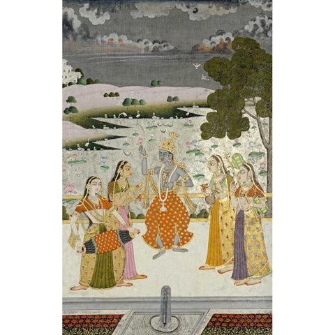 Krishna With The Gopis Black Modern Wood Framed Art Print with Double Matting by Bikaner, Ustad Murad