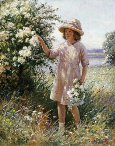 Picking May Blossom Black Ornate Wood Framed Art Print with Double Matting by Blacklock, William Kay