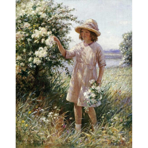 Picking May Blossom White Modern Wood Framed Art Print by Blacklock, William Kay