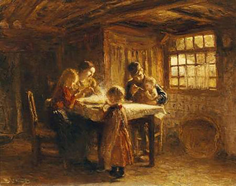 The Family Meal Black Ornate Wood Framed Art Print with Double Matting by Blommers, Bernardus Johannes