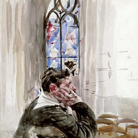 Portrait of a Man In Church Black Modern Wood Framed Art Print with Double Matting by Boldini, Giovanni