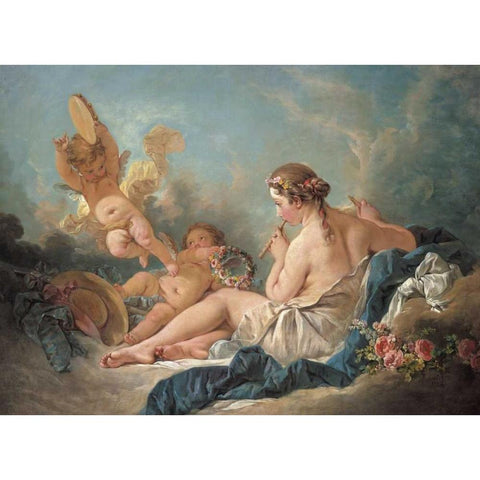 Nymph Playing The Flute With Putti Black Modern Wood Framed Art Print with Double Matting by Boucher, Francois