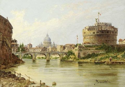 The Tiber With The Castel SantAngelo and St.Peters, Rome Black Ornate Wood Framed Art Print with Double Matting by Brandeis, Antonietta