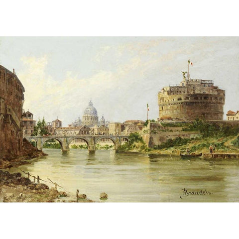 The Tiber With The Castel SantAngelo and St.Peters, Rome Black Modern Wood Framed Art Print by Brandeis, Antonietta