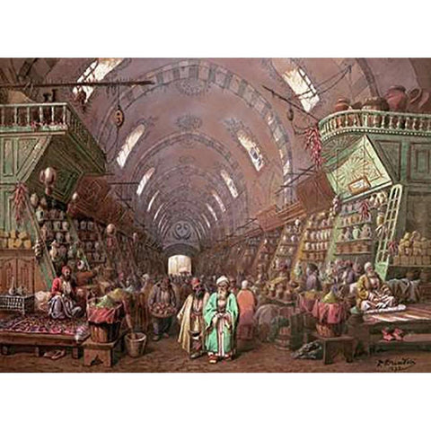 A Bazaar In Constantinople Black Modern Wood Framed Art Print with Double Matting by Brindesi, Jean