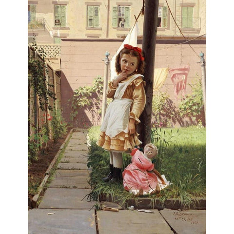 Young Girl In a New York Garden Black Modern Wood Framed Art Print by Brown, John George