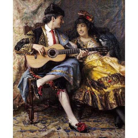 A Spanish Singer and His Lady Gold Ornate Wood Framed Art Print with Double Matting by Burrington, Arthur Alfred