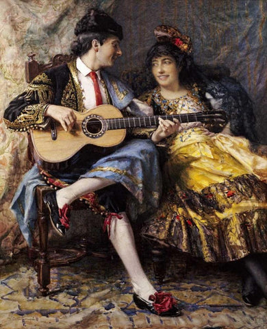 A Spanish Singer and His Lady White Modern Wood Framed Art Print with Double Matting by Burrington, Arthur Alfred