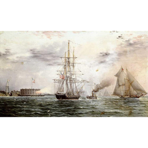 New York Bay - Castle Clinton Black Modern Wood Framed Art Print with Double Matting by Buttersworth, James E.
