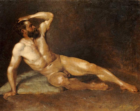 A Reclining Male Nude White Modern Wood Framed Art Print with Double Matting by Von Staschiripka Canon, Hans