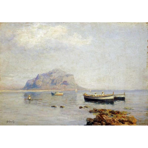 A Calm With Fishing Boats In The Bay of Naples White Modern Wood Framed Art Print by Carelli, Giuseppe