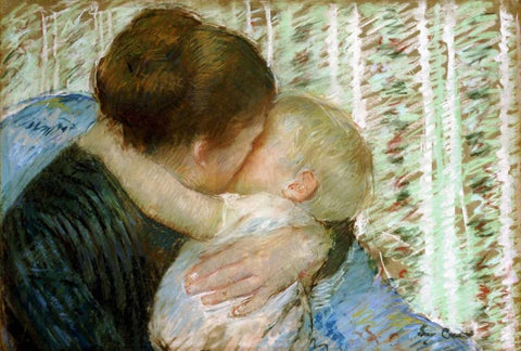 A Goodnight Hug White Modern Wood Framed Art Print with Double Matting by Cassatt, Mary