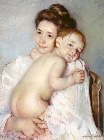 The Young Mother White Modern Wood Framed Art Print with Double Matting by Cassatt, Mary