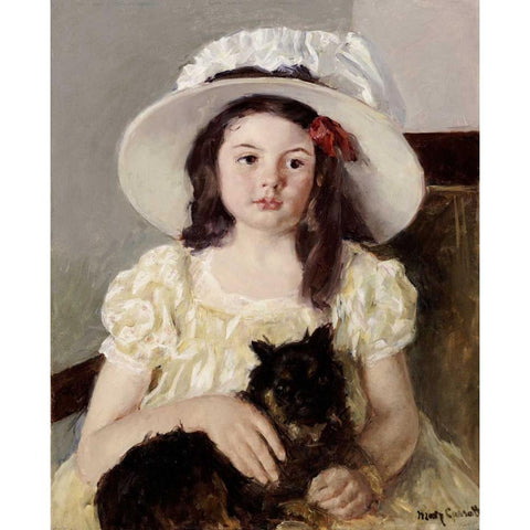 Francoise Holding a Little Black Dog White Modern Wood Framed Art Print by Cassatt, Mary