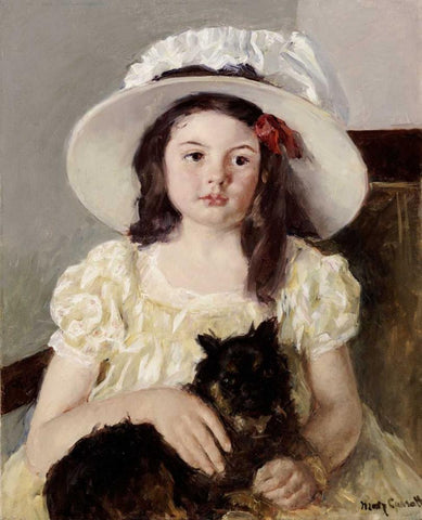 Francoise Holding a Little Black Dog Black Ornate Wood Framed Art Print with Double Matting by Cassatt, Mary