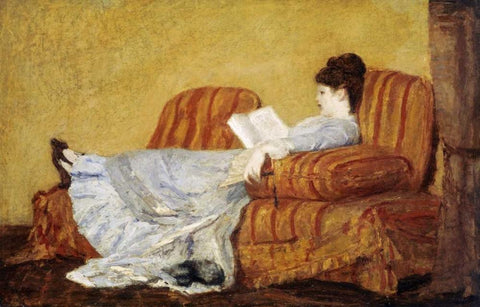Young Lady Reading White Modern Wood Framed Art Print with Double Matting by Cassatt, Mary