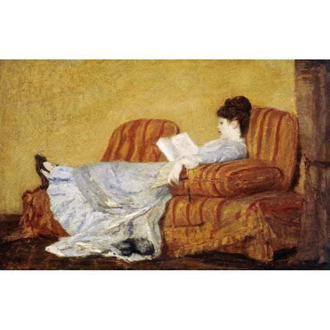 Young Lady Reading Gold Ornate Wood Framed Art Print with Double Matting by Cassatt, Mary