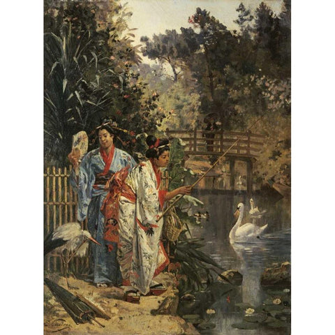 In a Japanese Garden Black Modern Wood Framed Art Print by Castres, Edouard