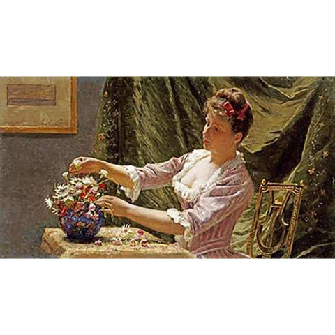 A Young Woman Arranging Flowers Black Modern Wood Framed Art Print with Double Matting by Claus, Emile